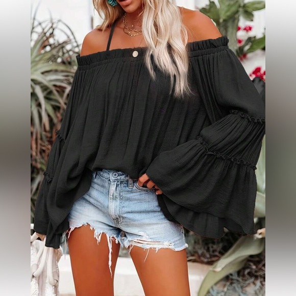 Boho Off Shoulder Flare Long Sleeve Top Blouse Shirt Black - Picture 3 of 16